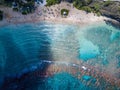 Aerial drone shot view of beach in Hanauma Bay Nature Reserve in Hawaii Royalty Free Stock Photo