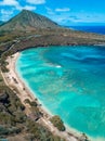 Aerial drone shot view of beach in Hanauma Bay Nature Reserve in Hawaii Royalty Free Stock Photo