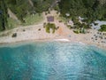 Aerial drone shot view of beach in Hanauma Bay Nature Reserve in Hawaii Royalty Free Stock Photo