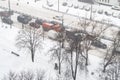 Above view of cars drive in snowfall in Moscow Royalty Free Stock Photo