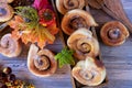 Above view of cinnamon rolls on wooden background