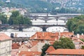 Above view at the cityscape of Prague and bridges over river Vltava on a sunny day. The detail view of modern and old part of town Royalty Free Stock Photo