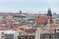 Above view of the cityscape of Prague on a sunny day. The detail view of modern and old part of town