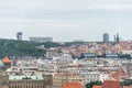 Above view of the cityscape of Prague on a sunny day. The detail view of modern and old part of town