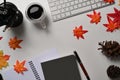 Coffee cup, pine cones, notebook and maple leaves on white background. Royalty Free Stock Photo