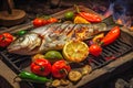 From above view of cooking fish Dorado on grill with vegetables, grilled fish BBQ. Good food. Royalty Free Stock Photo