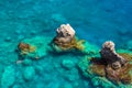 Above view of couple snorkeling in turquoise sea water, Glyka Nera, Chania, Crete.