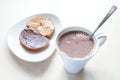 Above view of cup with cocoa and toasts on plate Royalty Free Stock Photo