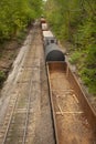 Above view of empty train cars and railway container cars on tracks Royalty Free Stock Photo