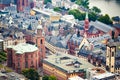 Above view at the Frankfurt old town city center - Romerberg square, St. Nikolaus church and St. Paul church