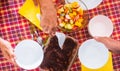 Group of people in the family share the moment of the homemade dessert and fresh fruit salad. Red checkered tablecloth. Tiramisu