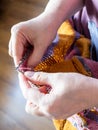 above view of hands knitting sweater closeup Royalty Free Stock Photo