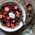 Above view of a healthy berry and granola breakfast bowl topped with yogurt. Royalty Free Stock Photo