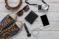 Above view of necessary items travel and technology background concept Royalty Free Stock Photo