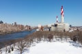 Queensbridge Park in Long Island City Queens Covered in Snow during Winter with a Power Plant Royalty Free Stock Photo