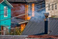 Above view of rooftop of colorful houses in the horizont located in Castro, Chiloe Island