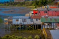 Above view of rooftop of colorful houses in the horizont located in Castro, Chiloe Island
