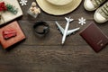 Above view shot of accessories fashion lifestyle to travel and Merry Christmas & Happy new year concept. Royalty Free Stock Photo