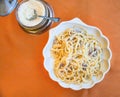 Above view of spaghetti alla carbonara on plate Royalty Free Stock Photo