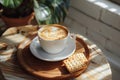 Aromatic coffee in a ceramic cup with cookies on a wooden tray, cozy morning Royalty Free Stock Photo