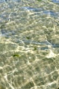 Above view of sunlight reflecting on water at beach. Closeup of shallow waves and calm ripples on coastline on sunny day Royalty Free Stock Photo