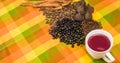 Above view of traditional Ecuadorian dish, colada morada and differente species over a colorful fabric Royalty Free Stock Photo