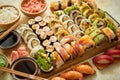 Above view of various sushi and rolls placed on wooden board. Japanese food fest