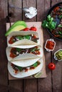 Above view of wheat wraps with mexican pork fajitas, selective focus Royalty Free Stock Photo