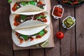 Above view of wheat wraps with mexican pork fajitas, selective focus Royalty Free Stock Photo