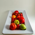 Above view of a white tray of red and green fresh picked variety of tomatoes Royalty Free Stock Photo