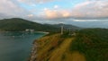 Above view of wind energy turbines near the sea Royalty Free Stock Photo