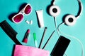 Above view of woman bag stuff . Set of female cosmetics and accessories. Glamour tools and beauty objects Royalty Free Stock Photo