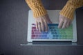 Above view of woman hands writing on laptop keyboard. Concept of write and chat message. Working online modern people. Indoor Royalty Free Stock Photo