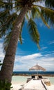 Above the water on the white sands and turquoise waters of teh Maldives Royalty Free Stock Photo