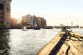 Abra boat in Dubai Creek. Water taxi in river. Passenger city view from traditional ferry. Cruising and old transportation in UAE. Royalty Free Stock Photo