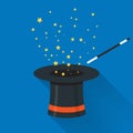 Abracadabra cartoon concept. Magic wand with stars sparks above black magic hat. Abracadabra flat design Royalty Free Stock Photo