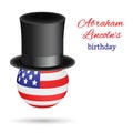 Abraham Lincoln`s birthday vector background. Presidential Black top hat worn by the American flag in the shape of a Royalty Free Stock Photo