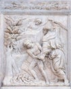 Abraham Sacrificing Isaac, relief on portal of Saint Petronius Basilica in Bologna Royalty Free Stock Photo