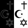 Abrahamic religions icons set. Judaism, Christianity and Islam. Christian cross, Islamic crescent and Jewish star of David Royalty Free Stock Photo