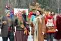 Abramtsevo, Moscow region, Russia, March, 13. 2016. People taking part in celebration of Bakshevskaya Shrovetide near straw effigy