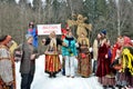 Abramtsevo, Russia, March, 13. 2016. People taking part in celebration of Bakshevskaya Shrovetide near straw effigy