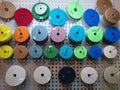 Abrasive circles for industrial equipment power tools for grinding, cutting or polishing at DIY hardware store warehouse.