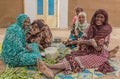 ABRI, SUDAN - FEBRUARY 26, 2019: Local women processing beans in a Nubian village on a sandy island in the river Nile