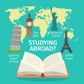 Abroad studying foreign languages concept. Colorful travel vector flat style illustration.