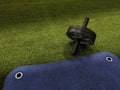 Abs wheel on green artificial grass and blue training mat