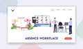 Absence Workplace Landing Page Template. Upset Company Boss Character Stand at Empty Desk in Office, Employees Relaxing