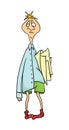 Absent-minded office worker with stack of papers under the armpit. Vector cartoon illustration.