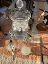 Absinth fountain with water and ice cube and four glasses and spoon Royalty Free Stock Photo