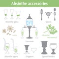 Absinthe accessories vector illustration icons set