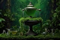 absinthe drip fountain against a lush green backdrop